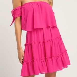 NWT Lulus Tiers to My Heart Hot Pink Off-the-Shoulder Ruffled Mini Dress
